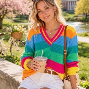 Zacket & Plover lightweight Multi-Color Striped V-Neck Sweater - bright XS
